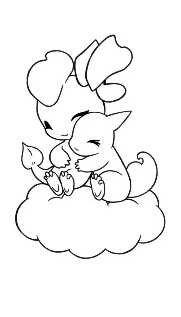 Zwei süße Cartoon-Pokémon-Babys umarmen sich auf einer flauschigen Wolke.