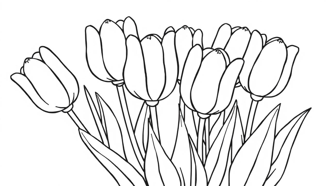 Schwarz-weiß Farbtafel von fröhlichen Tulpen zum Ausmalen.