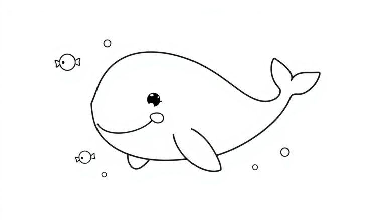 Eine süße Schwarz-Weiß-Farbtafel eines glücklichen Wals mit herzförmigen Schwanzflossen, der von kleinen Fischen und Blasen umgeben ist.