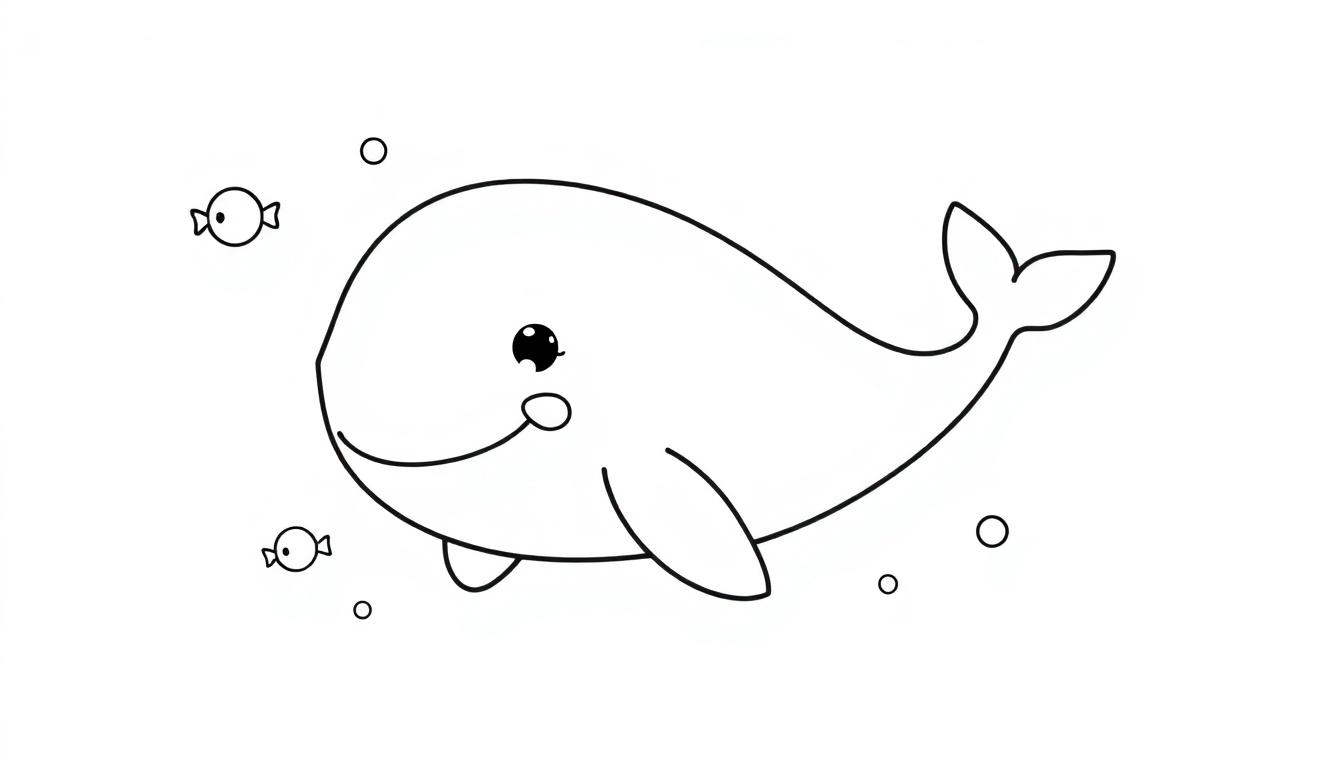 Eine süße Schwarz-Weiß-Farbtafel eines glücklichen Wals mit herzförmigen Schwanzflossen, der von kleinen Fischen und Blasen umgeben ist.