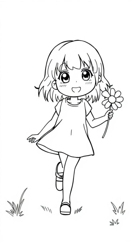 Ein Anime-Mädchen mit kurzen, welligen Haaren und großen Augen, das barfuß auf Gras läuft und eine Blume hält.