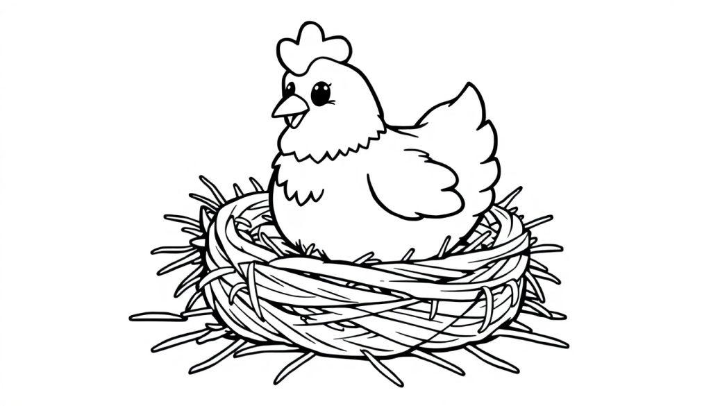 Schwarz-Weiß-Farbtafel eines glücklichen Huhns in einem Nest.