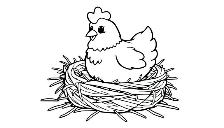 Schwarz-Weiß-Farbtafel eines glücklichen Huhns in einem Nest.