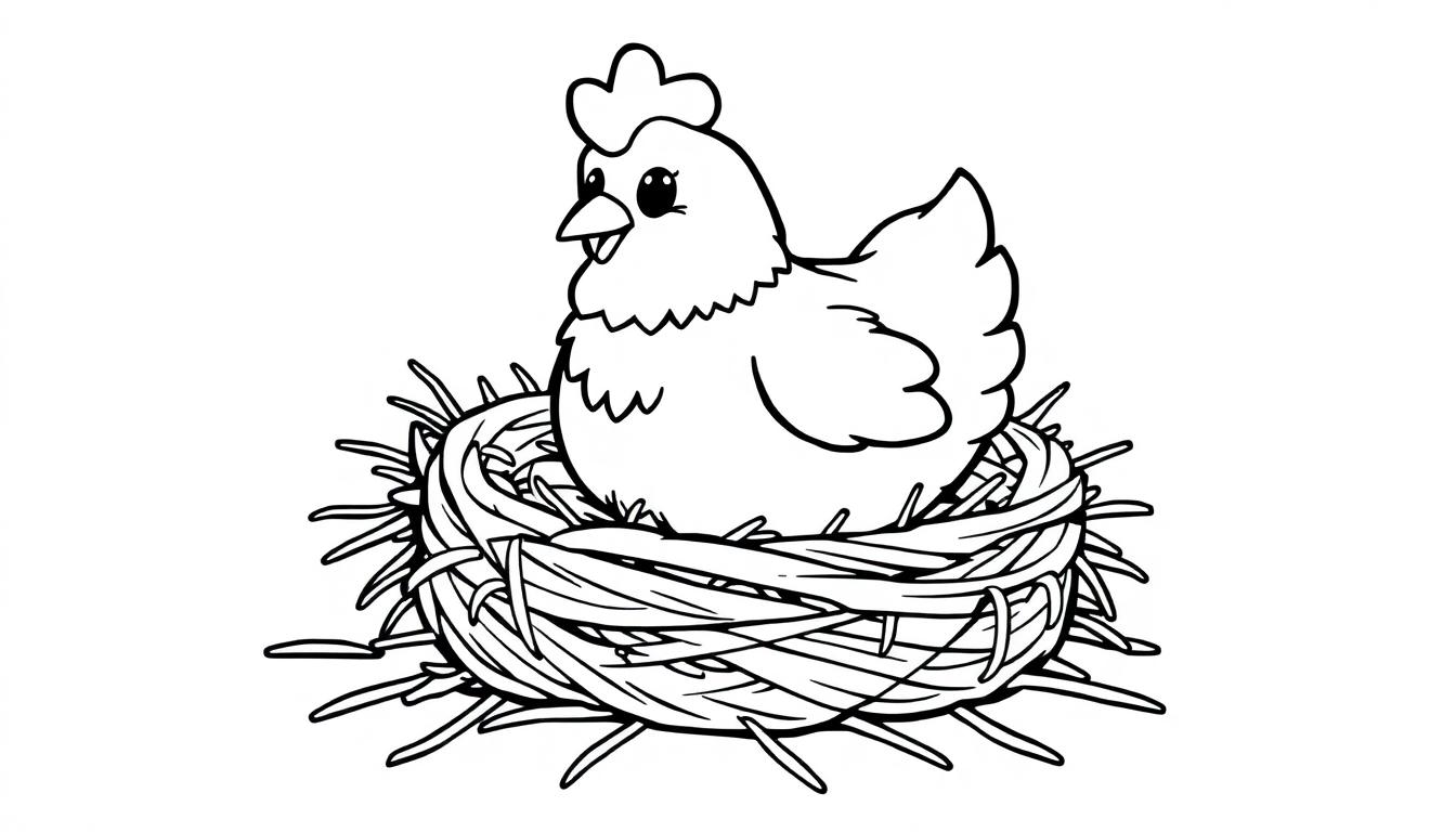 Schwarz-Weiß-Farbtafel eines glücklichen Huhns in einem Nest.
