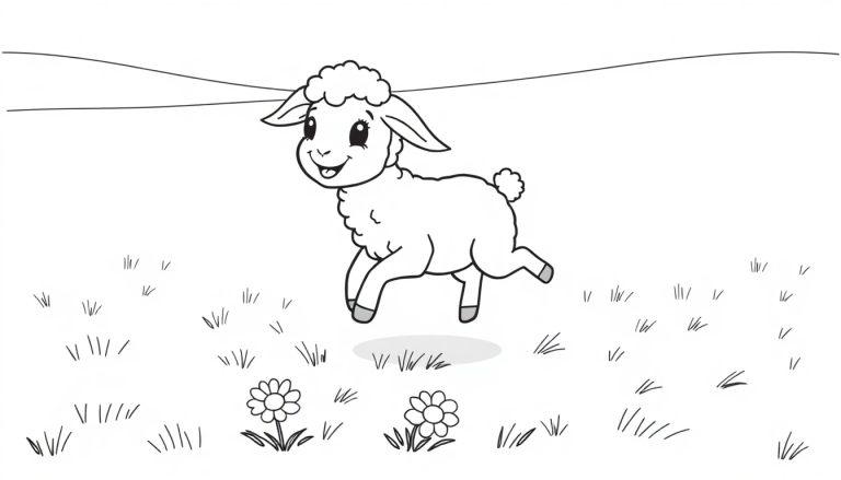 Eine Schwarz-Weiß-Farbtafel-Zeichnung eines fröhlichen Lamms auf einer grünen Wiese.