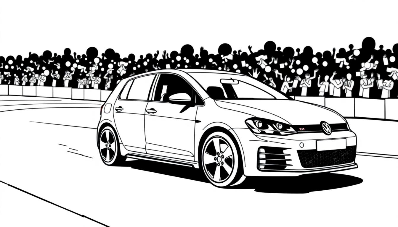 Schwarz-weiße Zeichnung eines VW Golf GTI auf einer Rennstrecke mit jubelnden Fans im Hintergrund.
