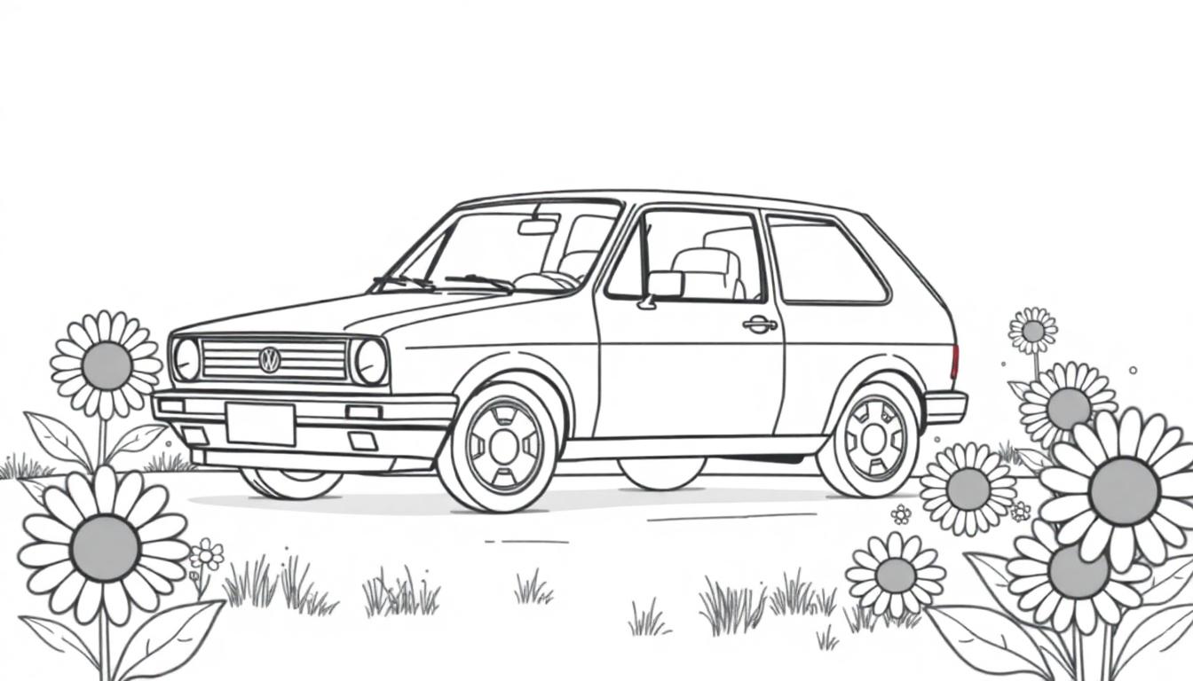 Ein VW Golf 1 GTI in einer Skizze von Sonnenblumen.