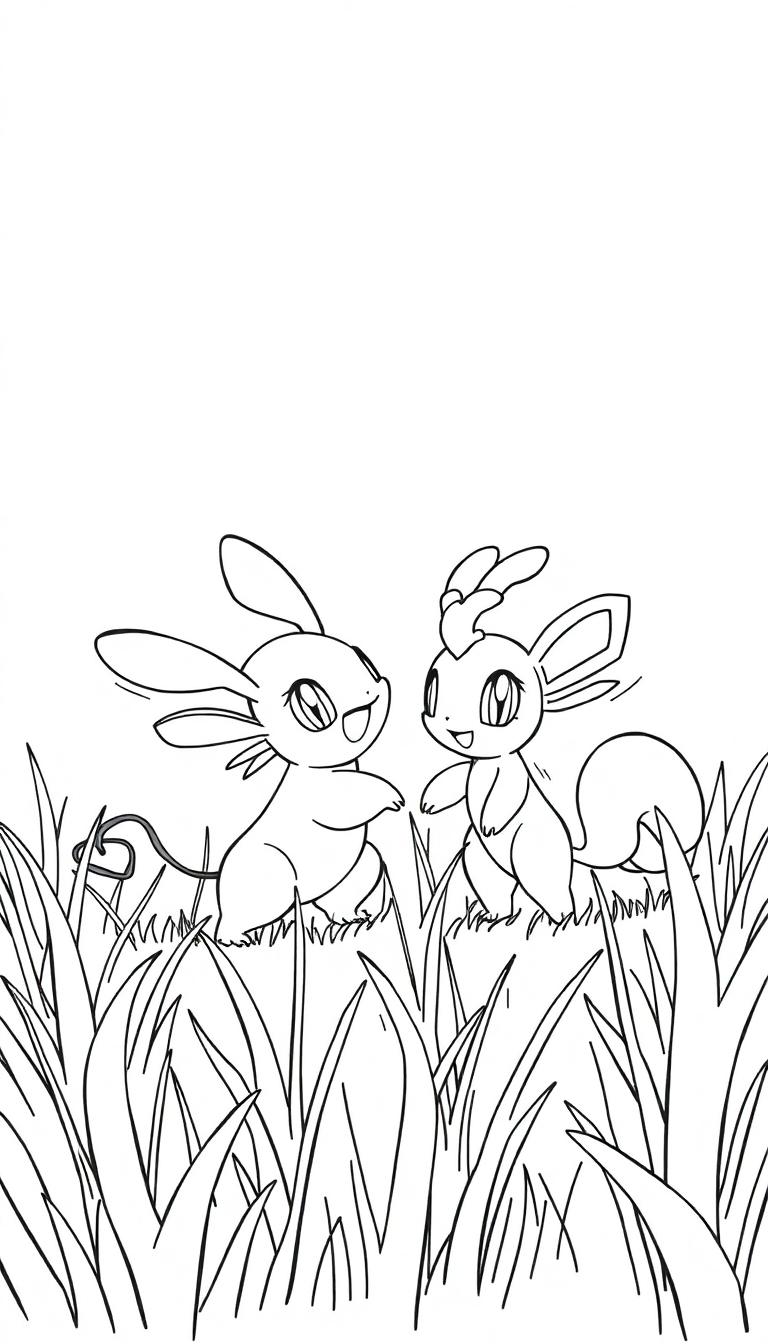 Zwei niedliche, kaninchenartige Pokémon-ähnliche Kreaturen treffen sich in einem hohen Grasfeld.