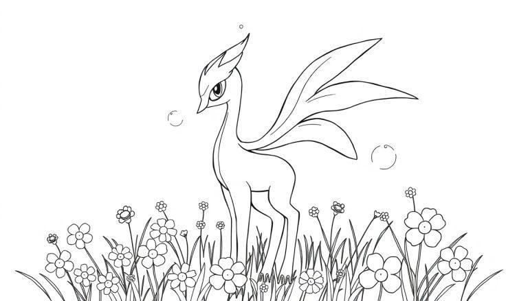 Eine Schwarz-Weiß-Illustration von Guardevoir im Malbuchstil, das in einem Blumenfeld steht.