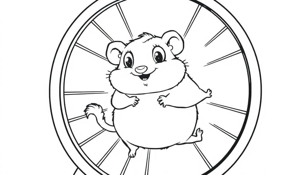 Eine niedliche Farbtafel-Illustration eines Hamsters, der in einem Hamsterrad rennt und lächelt.