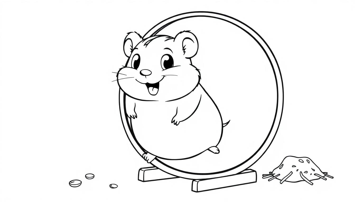 Schwarz-Weiß-Farbtafel eines niedlichen Hamsters, der in einem Laufrad lächelt und die Zunge herausstreckt.