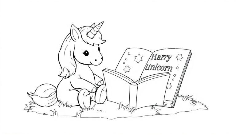 Eine niedliche schwarz-weiße Farbtafel-Zeichnung eines Einhorns, das auf einer Grasfläche sitzt und ein Buch liest.