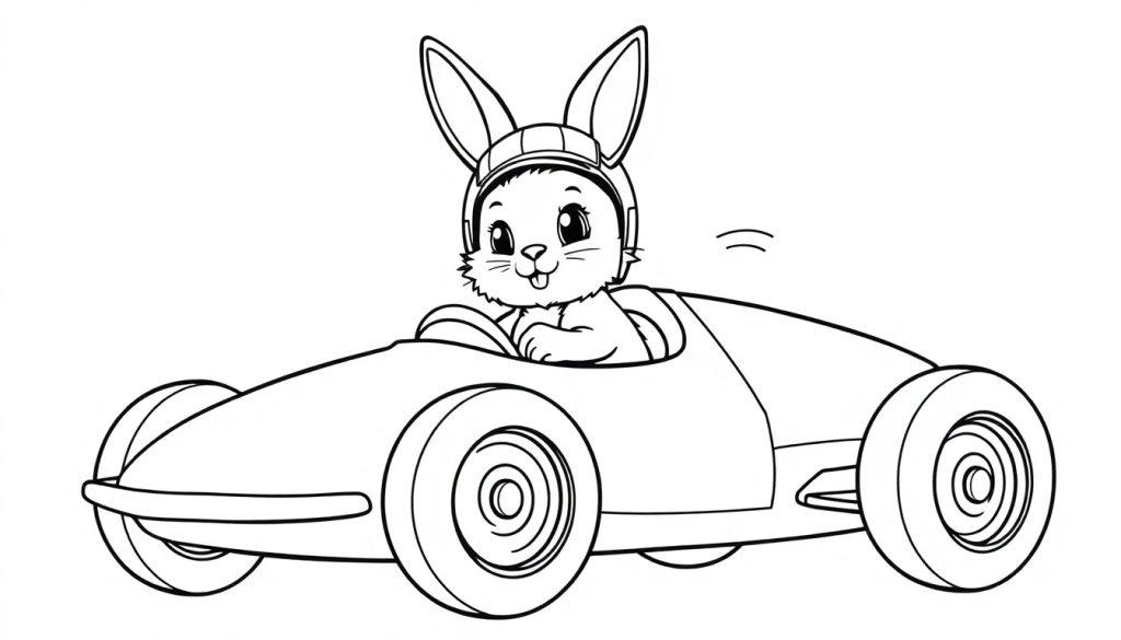 Ein Cartoon-Hase in Rennkleidung fährt ein schnelles Rennauto, eine schwarz-weiße Farbtafel.
