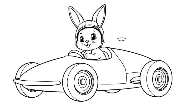 Ein Cartoon-Hase in Rennkleidung fährt ein schnelles Rennauto, eine schwarz-weiße Farbtafel.