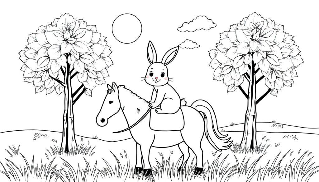 Ein Hase reitet auf einem Pferd in einer grünen Wiese unter einem Kreis am Himmel.