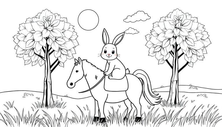 Ein Hase reitet auf einem Pferd in einer grünen Wiese unter einem Kreis am Himmel.
