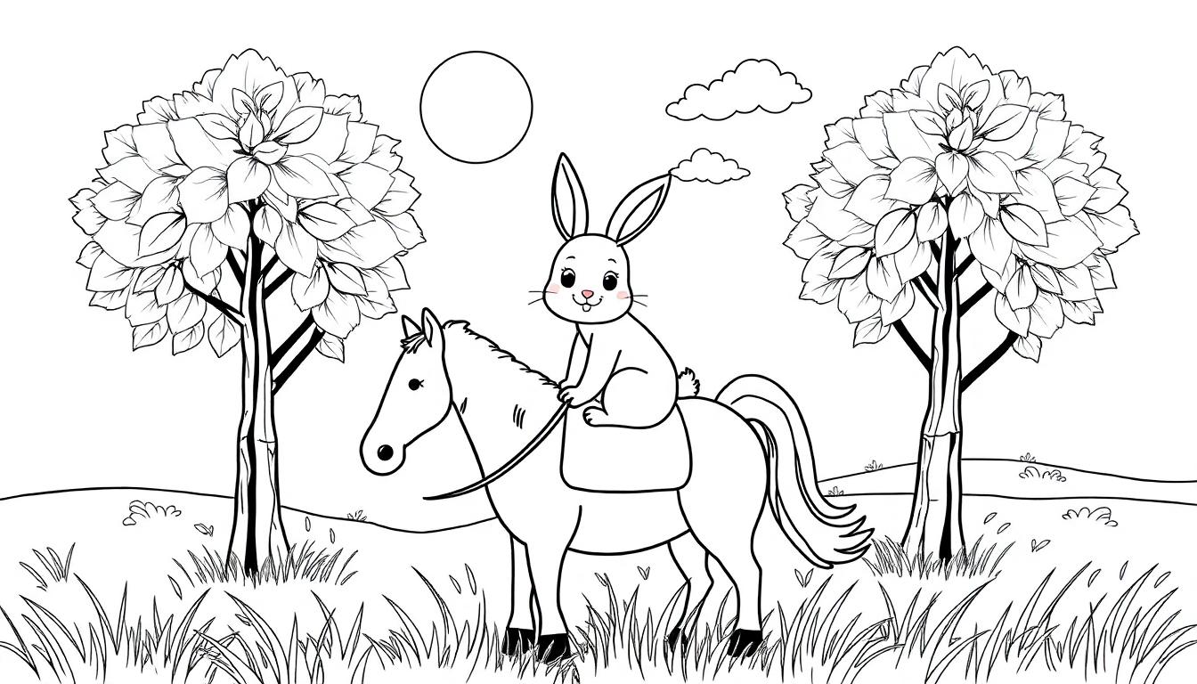 Ein Hase reitet auf einem Pferd in einer grünen Wiese unter einem Kreis am Himmel.