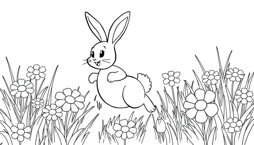 Schwarz-Weiß-Farbtafel: Ein fröhlicher Hase hoppelt durch eine Blumenwiese.