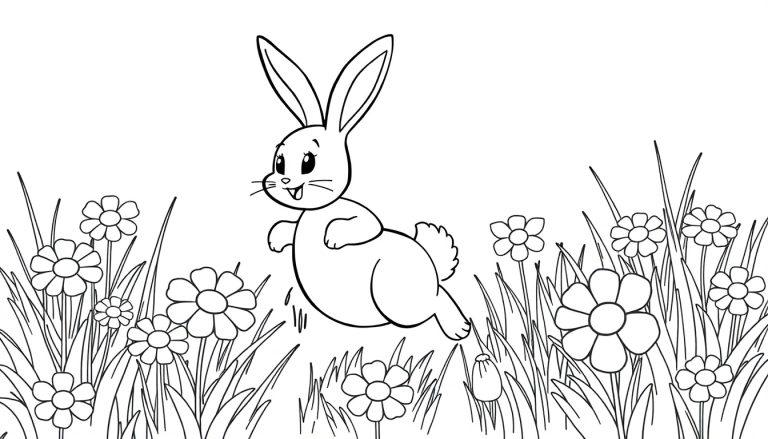 Schwarz-Weiß-Farbtafel: Ein fröhlicher Hase hoppelt durch eine Blumenwiese.