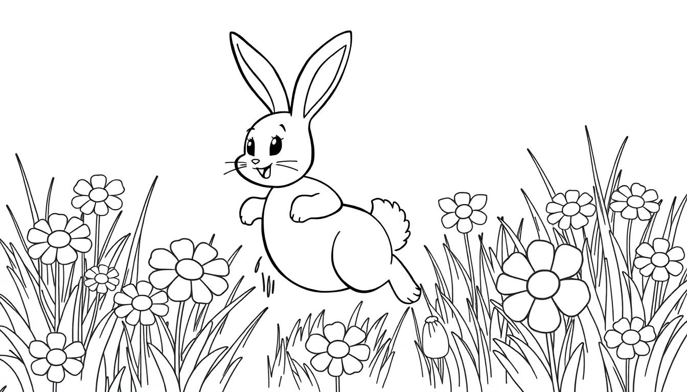 Schwarz-Weiß-Farbtafel: Ein fröhlicher Hase hoppelt durch eine Blumenwiese.