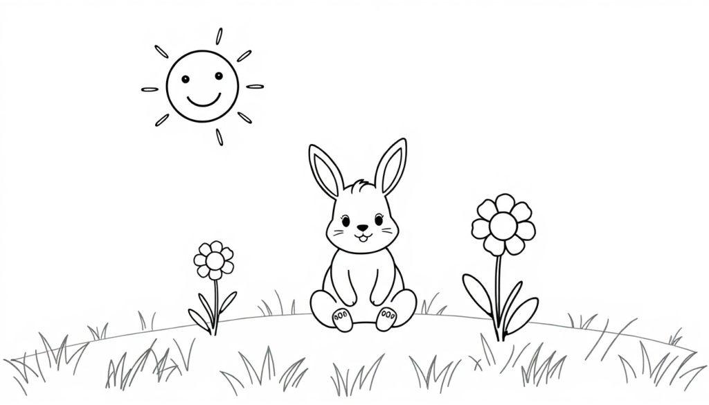 Schwarz-Weiß-Farbtafel: Ein niedlicher Hase sitzt auf einem grasbewachsenen Hügel mit Blumen, während eine lächelnde Sonne scheint.