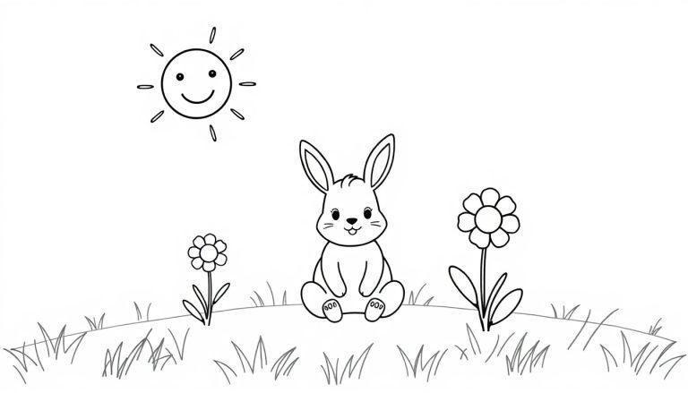 Schwarz-Weiß-Farbtafel: Ein niedlicher Hase sitzt auf einem grasbewachsenen Hügel mit Blumen, während eine lächelnde Sonne scheint.