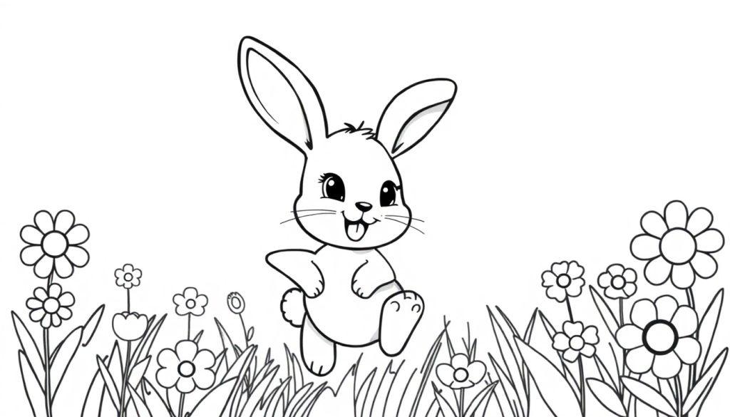 Eine niedliche schwarz-weiße Farbtafel-Zeichnung eines Cartoon-Hasen, der auf einer Blumenwiese hüpft, mit großen Ohren und einer herausgestreckten Zunge.