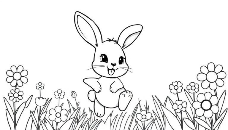Eine niedliche schwarz-weiße Farbtafel-Zeichnung eines Cartoon-Hasen, der auf einer Blumenwiese hüpft, mit großen Ohren und einer herausgestreckten Zunge.