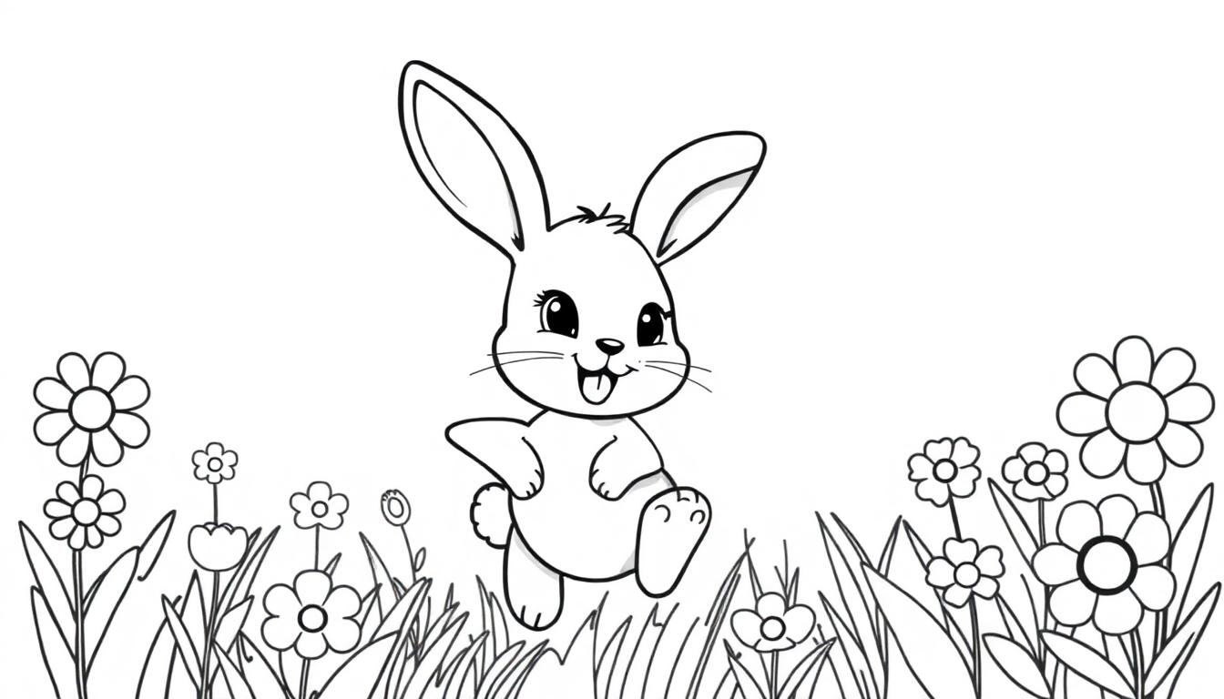 Eine niedliche schwarz-weiße Farbtafel-Zeichnung eines Cartoon-Hasen, der auf einer Blumenwiese hüpft, mit großen Ohren und einer herausgestreckten Zunge.