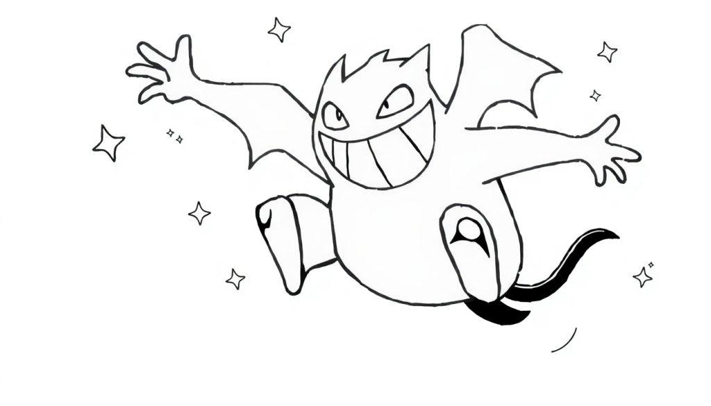 Cartoon-Darstellung von Haunter, dem Geist-Pokémon, das in der Luft schwebt mit einem breiten Grinsen.