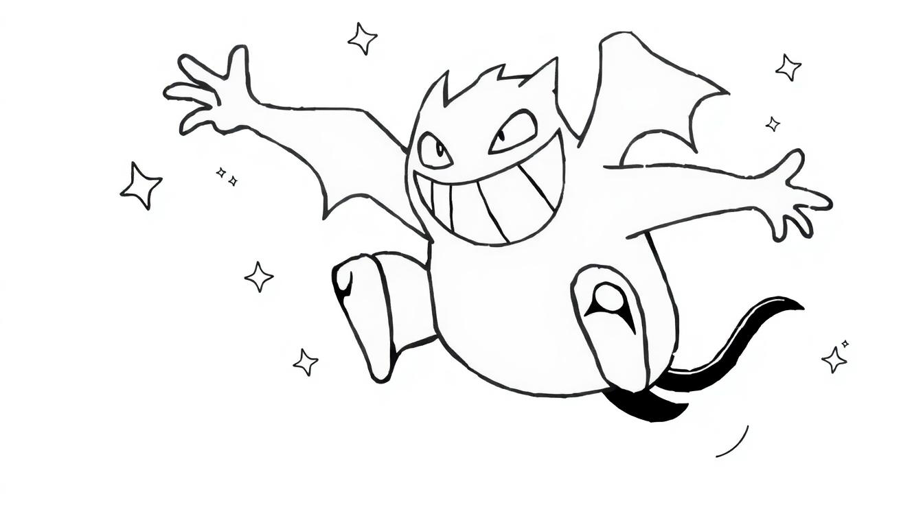 Cartoon-Darstellung von Haunter, dem Geist-Pokémon, das in der Luft schwebt mit einem breiten Grinsen.