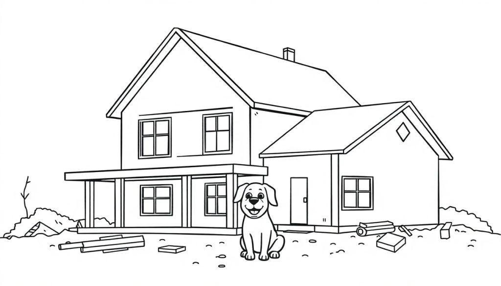 Eine Schwarz-Weiß-Zeichnung eines zweistöckigen Hauses mit einem Hund davor.