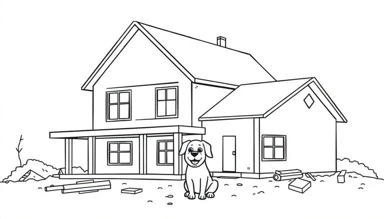 Eine Schwarz-Weiß-Zeichnung eines zweistöckigen Hauses mit einem Hund davor.