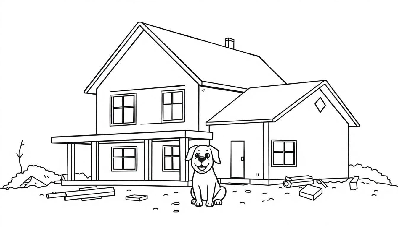 Eine Schwarz-Weiß-Zeichnung eines zweistöckigen Hauses mit einem Hund davor.