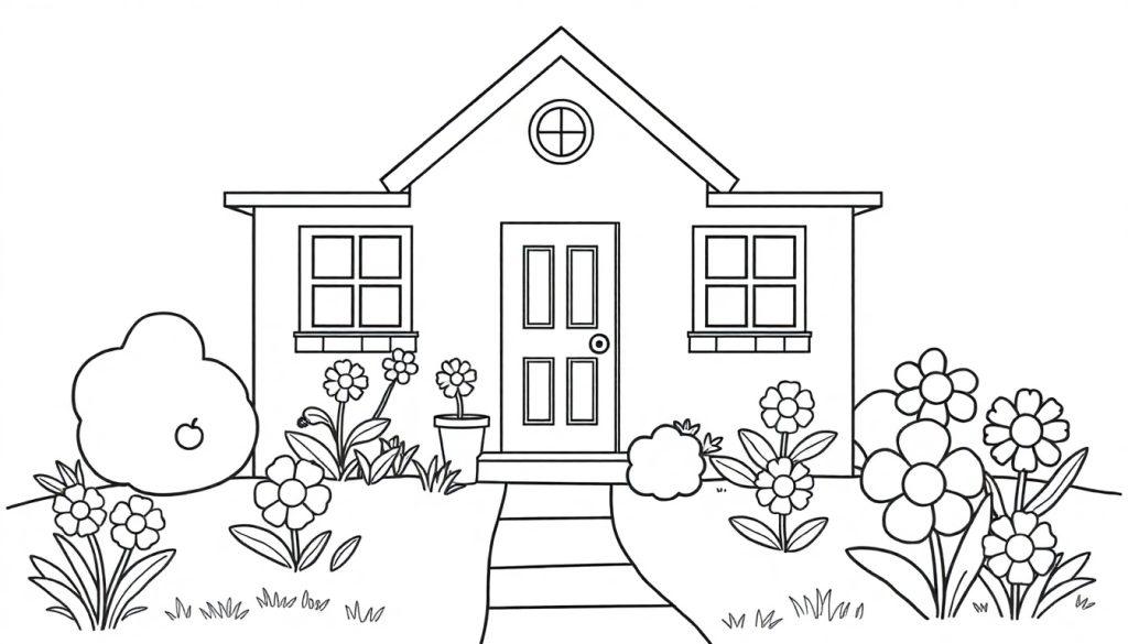 Schwarz-Weiß-Zeichnung eines kleinen Hauses mit einem Garten, bereit zum Ausmalen. Enthält ein kreisförmiges Fenster, bunte Blumen und einen Apfelbaum, alles als Farbtafel.