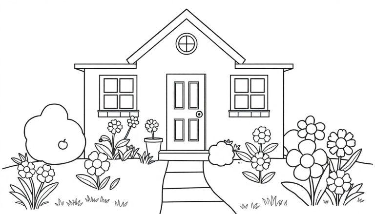 Schwarz-Weiß-Zeichnung eines kleinen Hauses mit einem Garten, bereit zum Ausmalen. Enthält ein kreisförmiges Fenster, bunte Blumen und einen Apfelbaum, alles als Farbtafel.