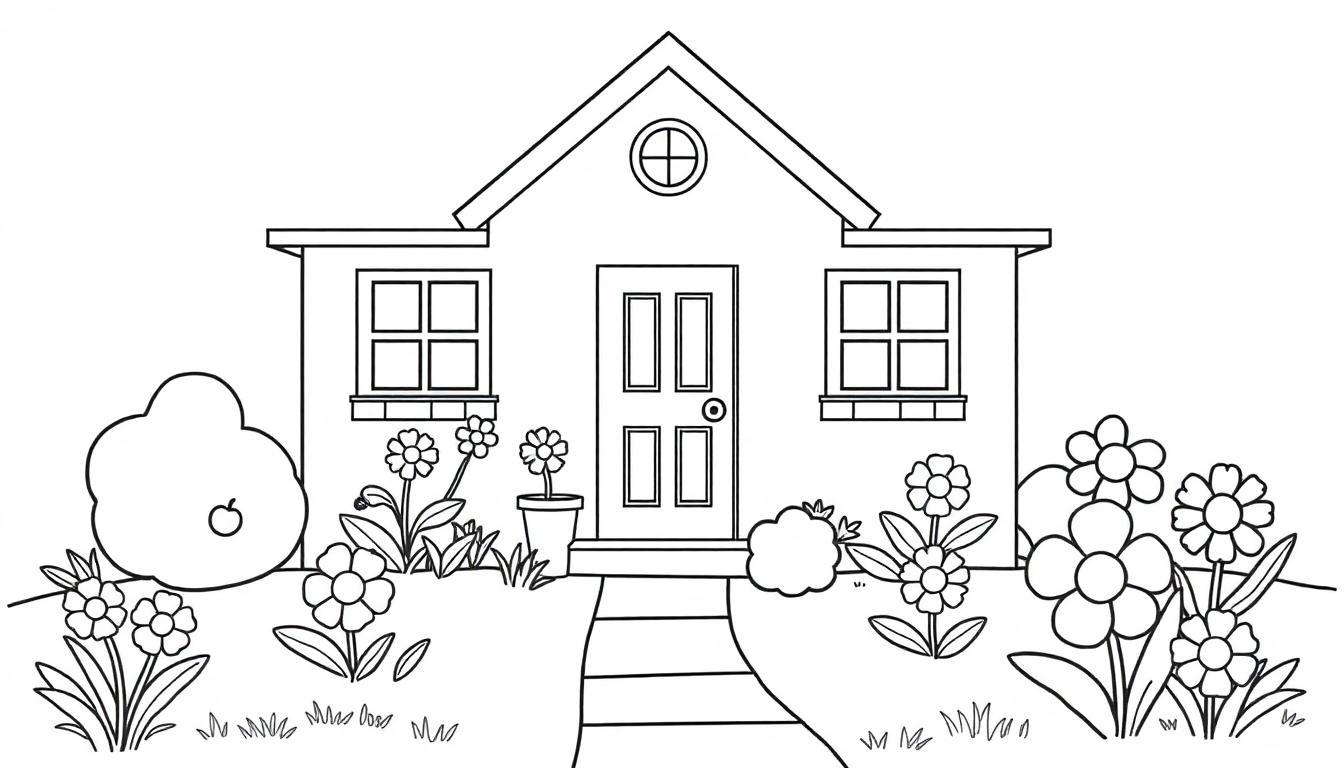 Schwarz-Weiß-Zeichnung eines kleinen Hauses mit einem Garten, bereit zum Ausmalen. Enthält ein kreisförmiges Fenster, bunte Blumen und einen Apfelbaum, alles als Farbtafel.