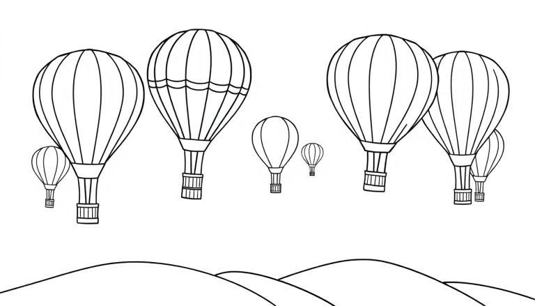 Eine schwarz-weiße Farbtafel von Heißluftballons über Hügeln, bereit zum Ausmalen.