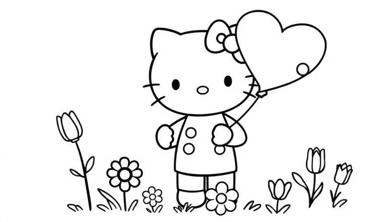 Schwarz-Weiß-Farbtafel von Hello Kitty mit herzförmigem Ballon und Blumen.