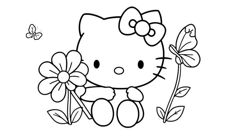 Eine Schwarz-Weiß-Farbtafel von Hello Kitty mit Blumen und einem Schmetterling.