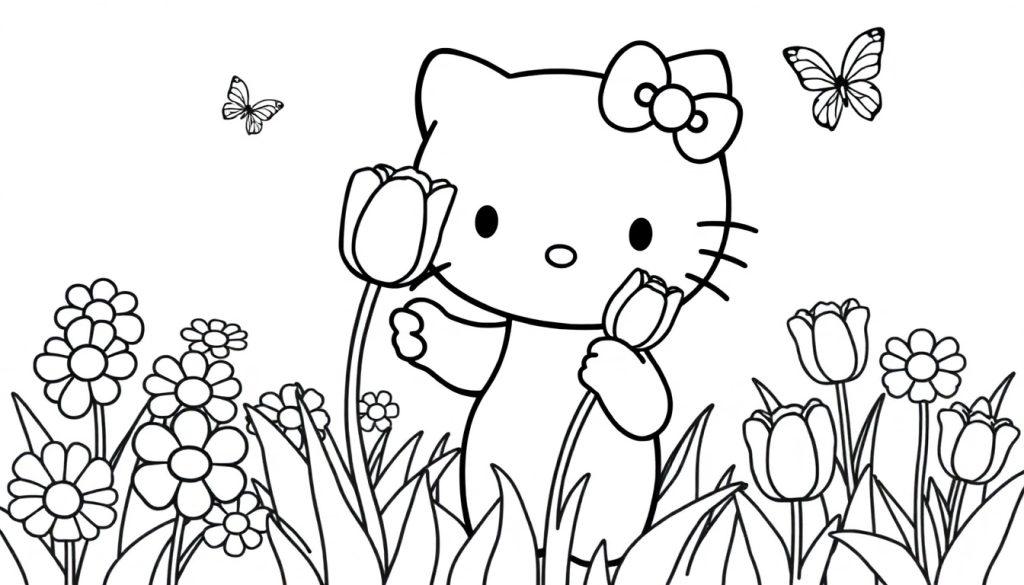 Schwarz-Weiß-Farbtafel von Hello Kitty in einem Garten, umgeben von Blumen und Schmetterlingen.