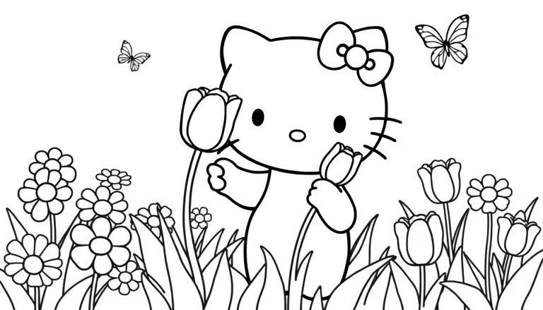 Schwarz-Weiß-Farbtafel von Hello Kitty in einem Garten, umgeben von Blumen und Schmetterlingen.