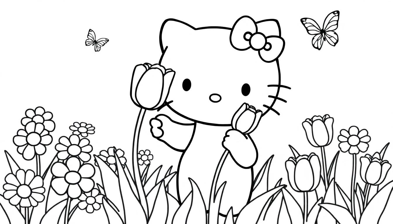 Schwarz-Weiß-Farbtafel von Hello Kitty in einem Garten, umgeben von Blumen und Schmetterlingen.