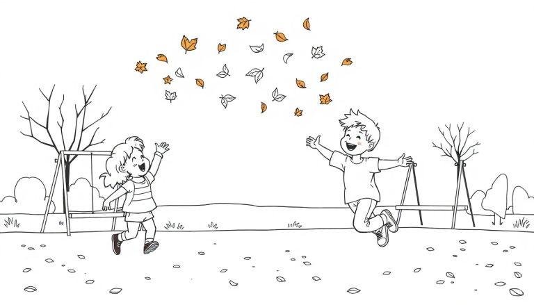 Schwarz-weiße Farbtafel eines Jungen und eines Mädchens, die im Herbst im Park mit bunten Blättern springen.
