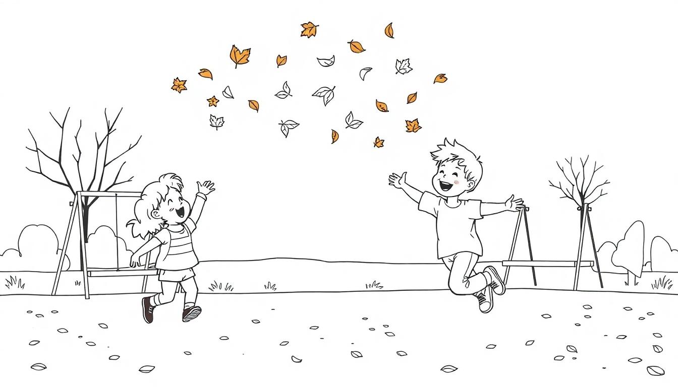Schwarz-weiße Farbtafel eines Jungen und eines Mädchens, die im Herbst im Park mit bunten Blättern springen.