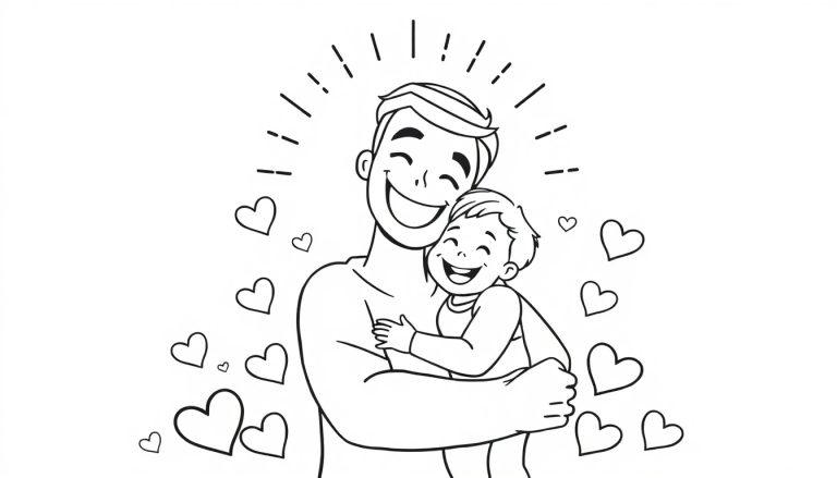 Schwarz-weiße Farbtafel: Lachender Vater umarmt sein Kind, umgeben von Herzen und Sonnenstrahlen. Ausrufezeichen über ihren Köpfen.