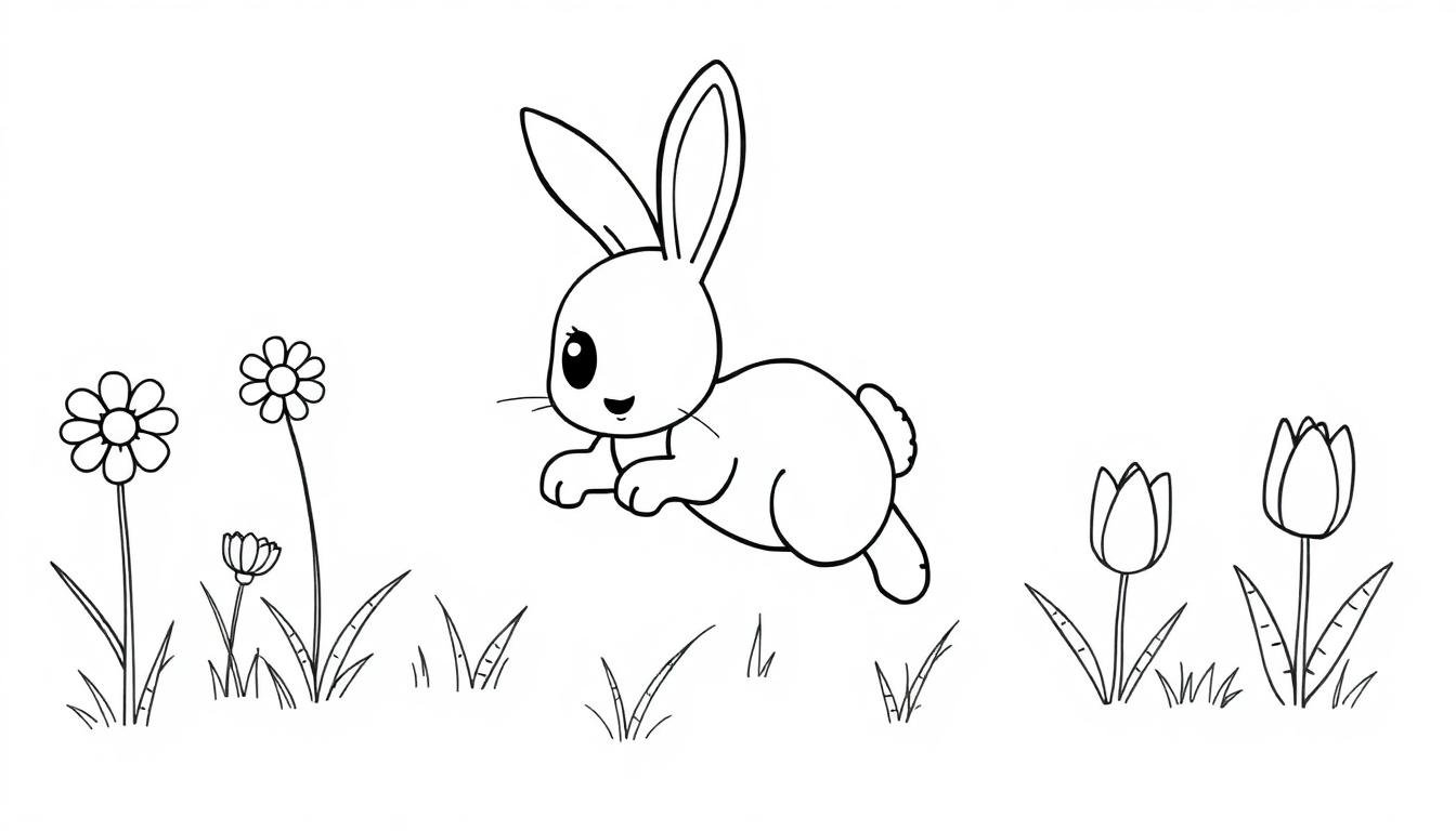 Schwarz-weiße Farbtafel eines cartoonartigen Hasen, der durch eine Blumenwiese hoppelt.