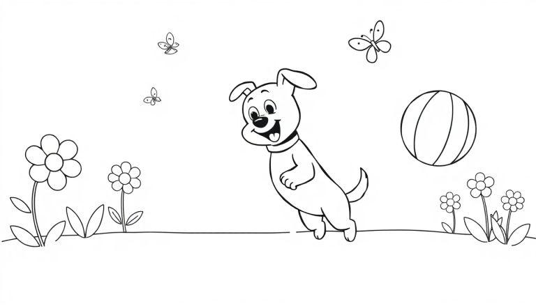 Eine Schwarz-Weiß-Farbtafelzeichnung eines glücklichen Hundes, der im Park mit einem Ball spielt, umgeben von Blumen und Schmetterlingen.