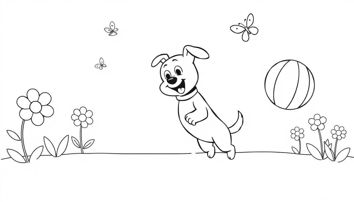 Eine Schwarz-Weiß-Farbtafelzeichnung eines glücklichen Hundes, der im Park mit einem Ball spielt, umgeben von Blumen und Schmetterlingen.