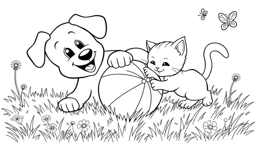 Schwarz-Weiß-Farbtafel: Ein Hund und eine Katze spielen mit einem Ball auf einer grünen Wiese mit Blumen und Schmetterlingen.